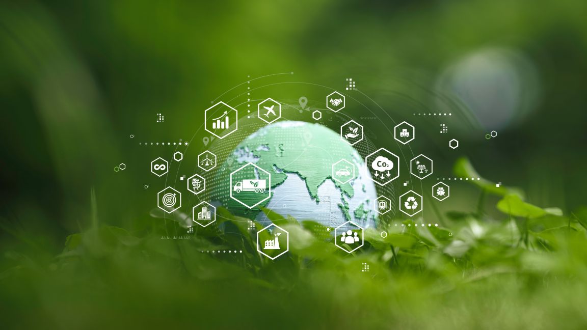 Green globe with logistics icons (truck, CO₂, airplane, etc.)