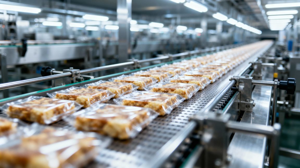 verpackte Snacks auf einem automatischen Förderband