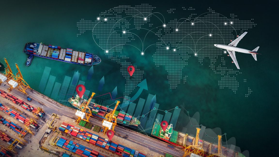 Illustration  mit Darstellung eines Hafens, Containerschiffe, Flugzeug, globales Netzwerk, Pfeile