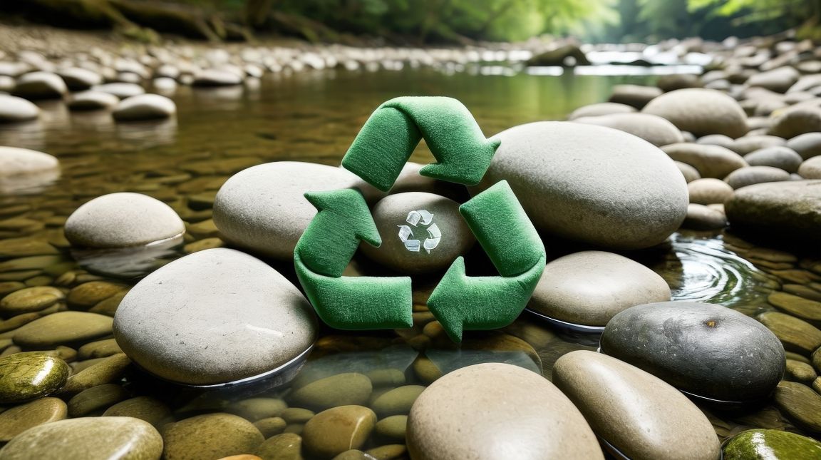 grüne Pfeile über fließdendem klaren Flusswasser